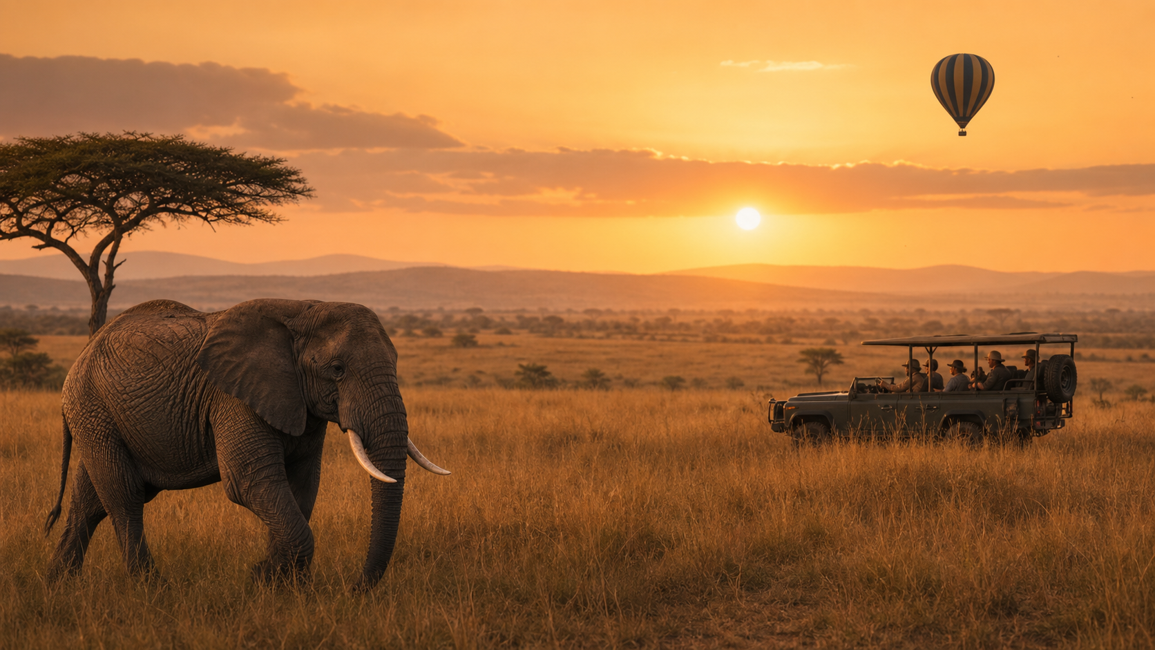 Safari vehicle crossing the East African savannah at sunset